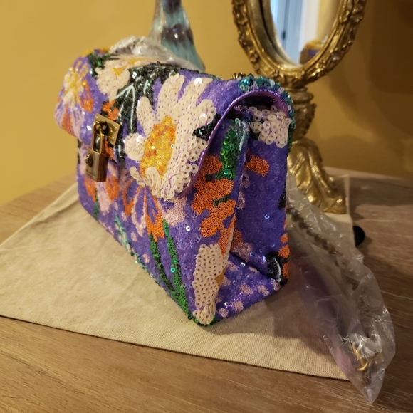 NWT! Kurt Geiger Purple Sequin Floral Crossbody Bag w/ Lock & Dusty - Picture 8 of 12